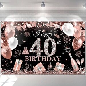 Happy 40th Birthday Banner Rose Gold Glitter Balloons Party Backdrop